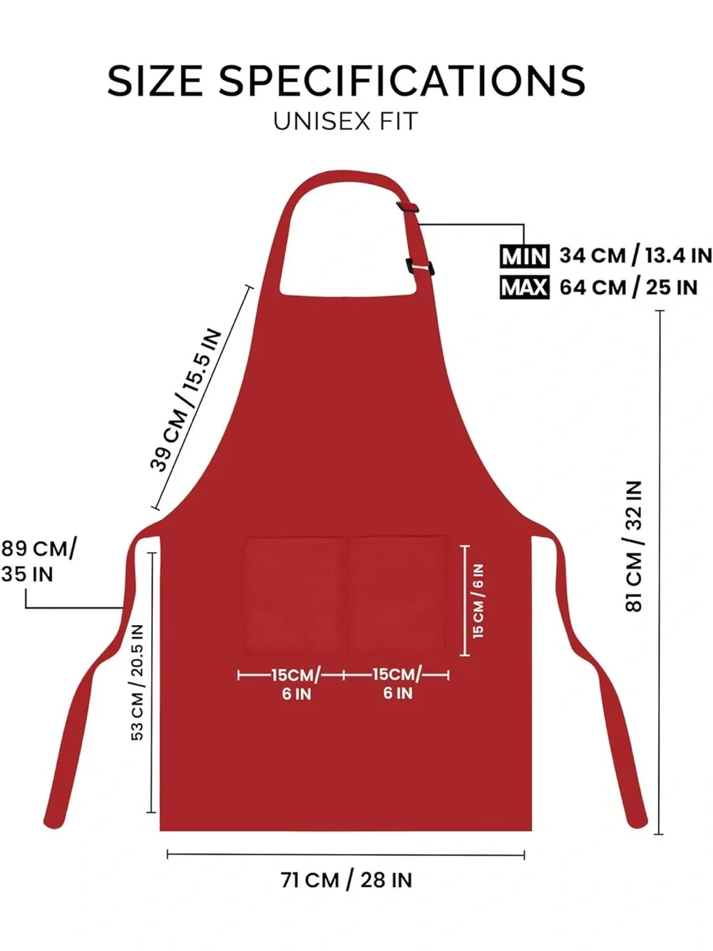 Unisex Red Bib Apron - Adjustable Kitchen Apron